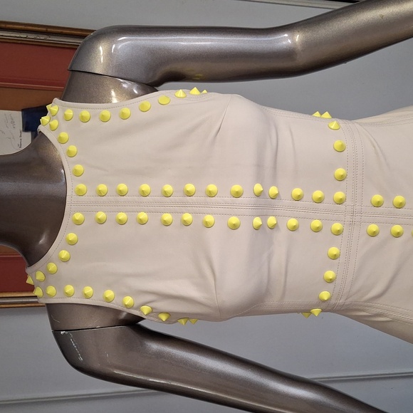 Vintage pleather 60's inspired shift dress with yellow nailhead trim - Picture 2 of 6